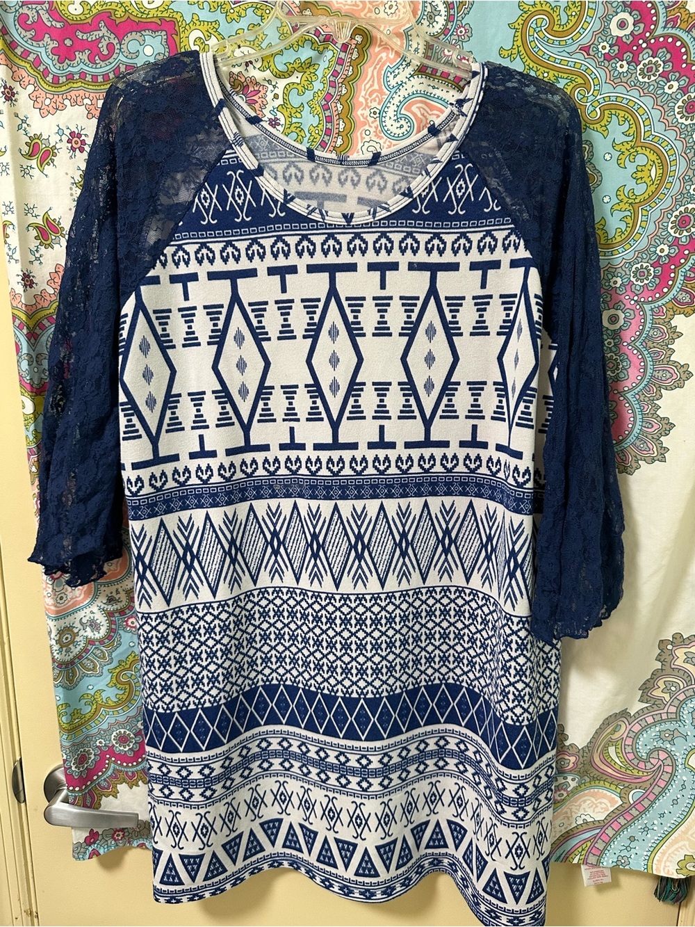 Navy and White Aztec Lace Sleeve Women's Top